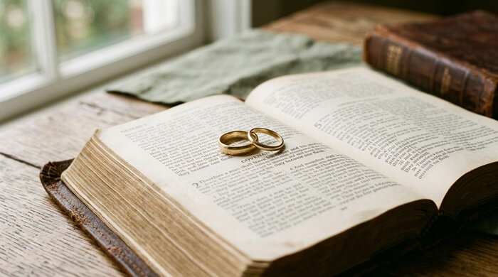 2 wedding rings placed on a bible on the living room
