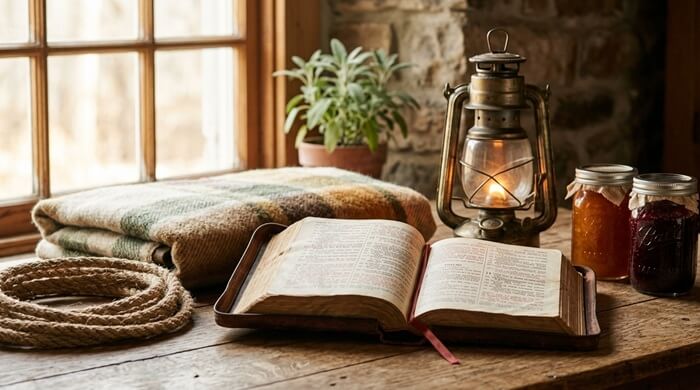 Is Prepping Biblical a bible Book open on kitchen table
