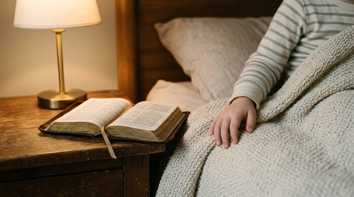 Women in bed with a bible next to her