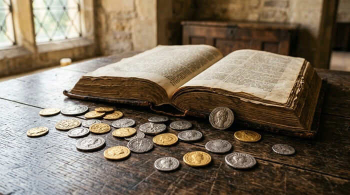bible on the table open with money coins next to it