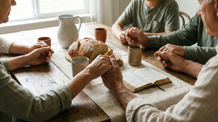 family prating before having dinner