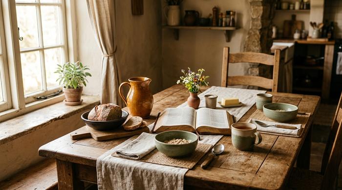 old home kitchen table with food on it