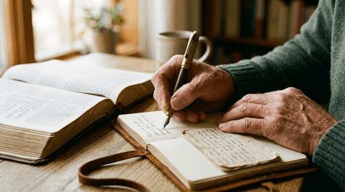 old man writing his notes in a book